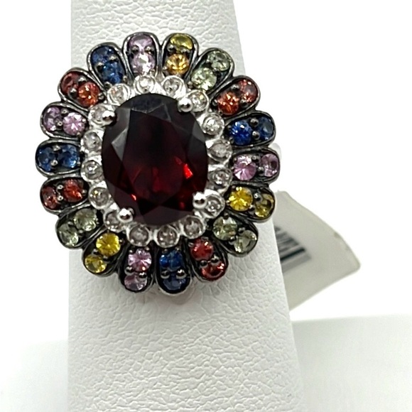 Cocktail Ring Faceted Red Quartz Multi Gemstone Flower Ring Signed FP Sz 6 VTG - Picture 2 of 14